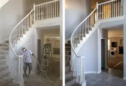Before and after of a curved interior staircase in Granite Bay. On the left, one of our painters in a respirator sprays the balusters with the treads and floor sheeted; on the right, the finished white handrail, balusters and trim against pale grey walls.