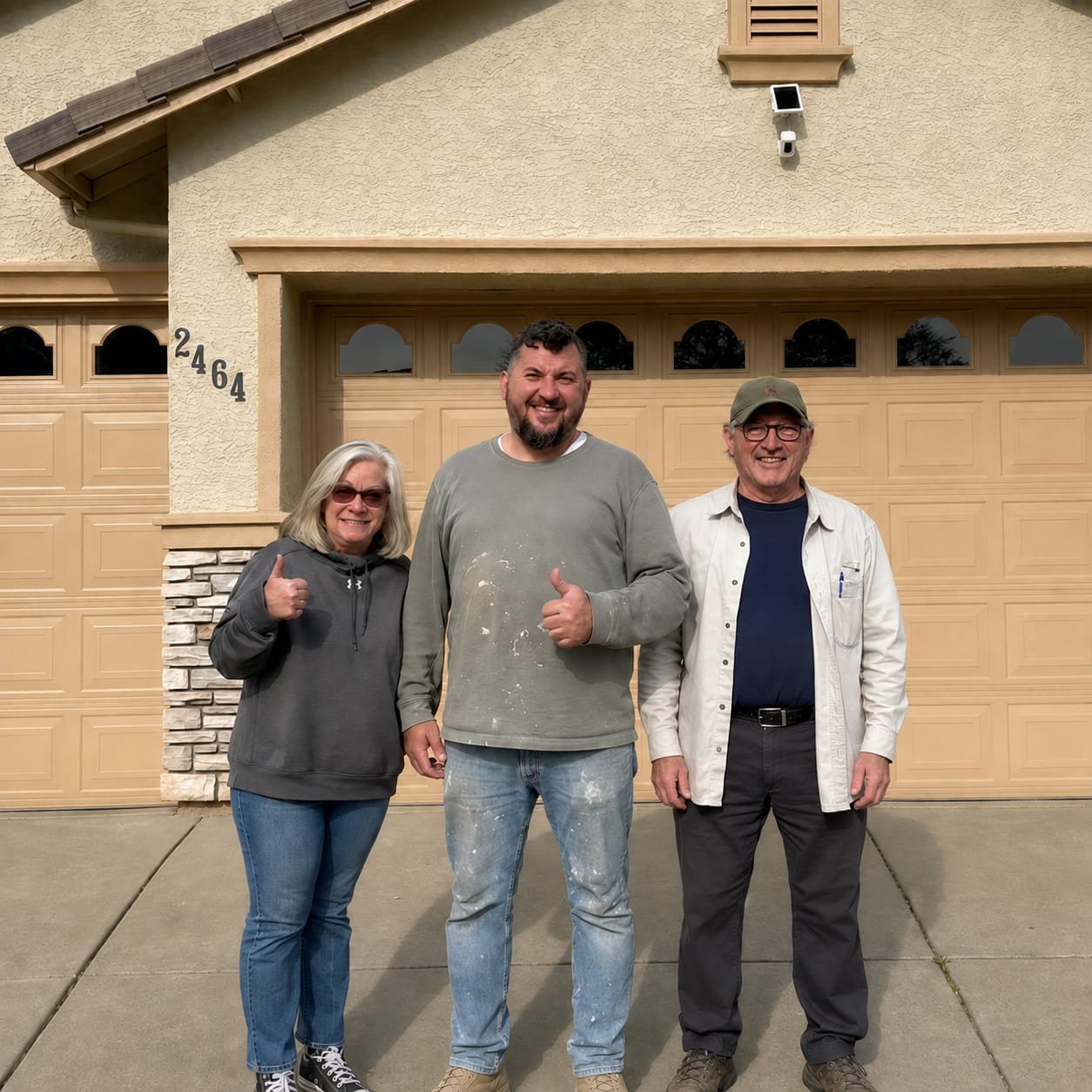 Andrey from OP Painting standing between two customers outside their repainted Roseville home, all three giving a thumbs up in front of the garage doors.