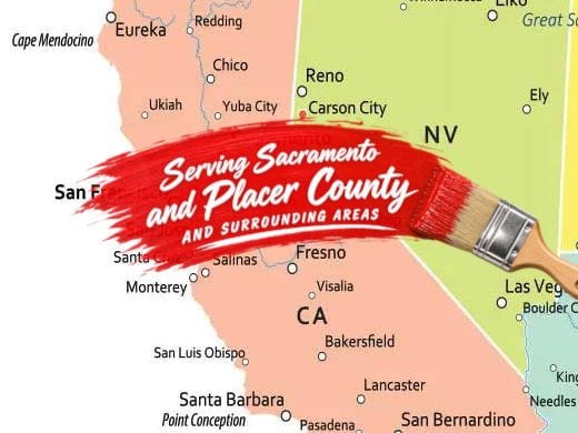 A map of California and the neighbouring states with a red paintbrush stroke across it, lettered "Serving Sacramento and Placer County and surrounding areas".
